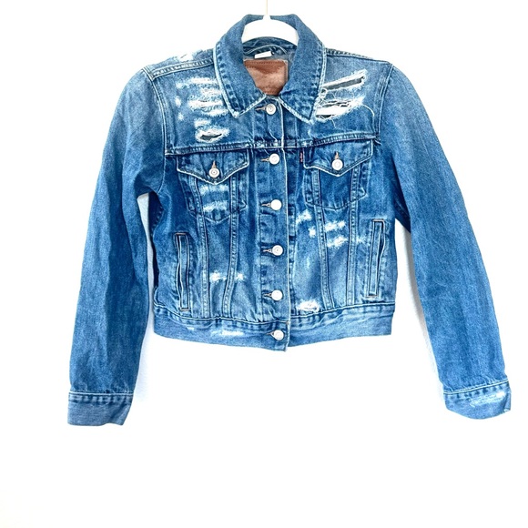 Levi's Jackets & Blazers - Levis Distressed Crop Denim Jacket Destructed Cotton Trucker Red Tab S